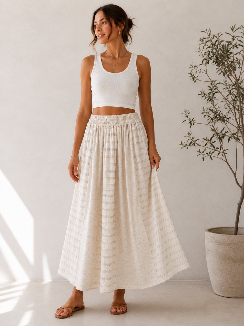 Linen Blend Matching Set Vest/Maxi Skirt Made in USA-Boho-Neutral-Striped Medium - Picture 9 of 11